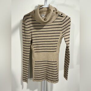 Cache Tan and Black Striped Cowl Neck Sweater